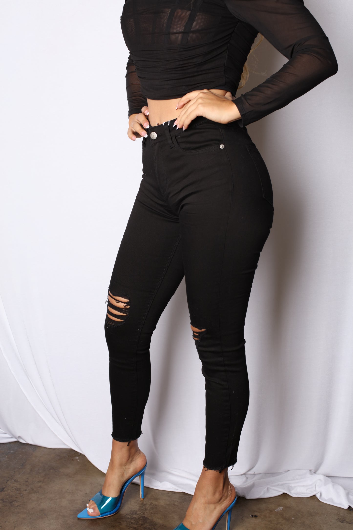 Black Stretchy Nicked Skinny Jeans