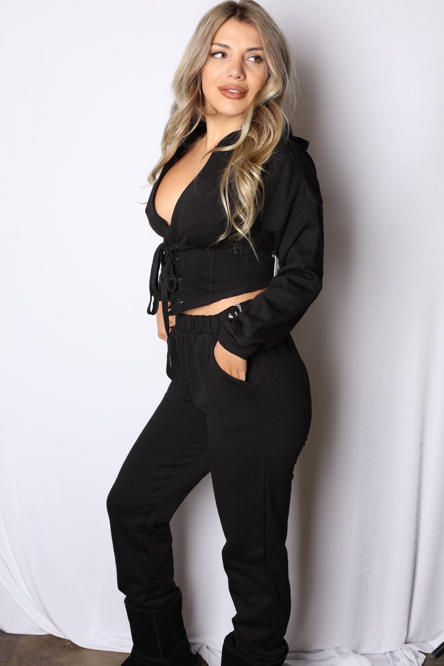 Black Zipped Up Corset Matching Sweat Set
