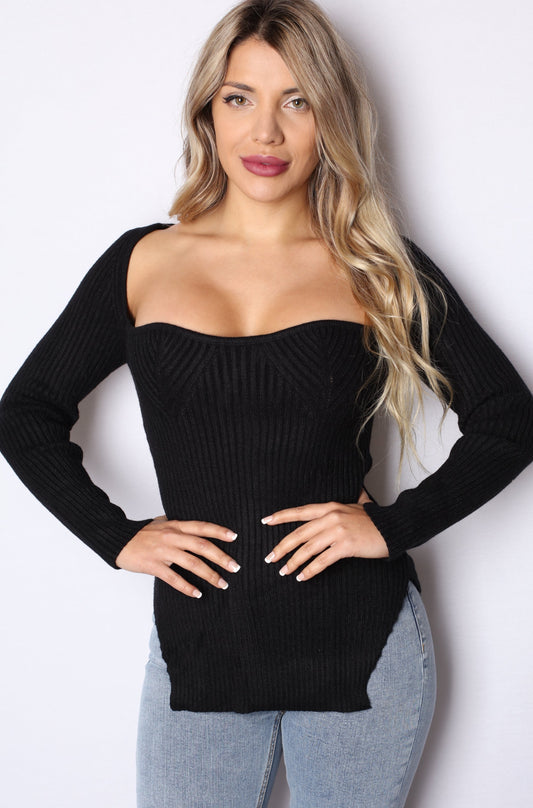 Thick Knit Square Top Long Sleeve Black