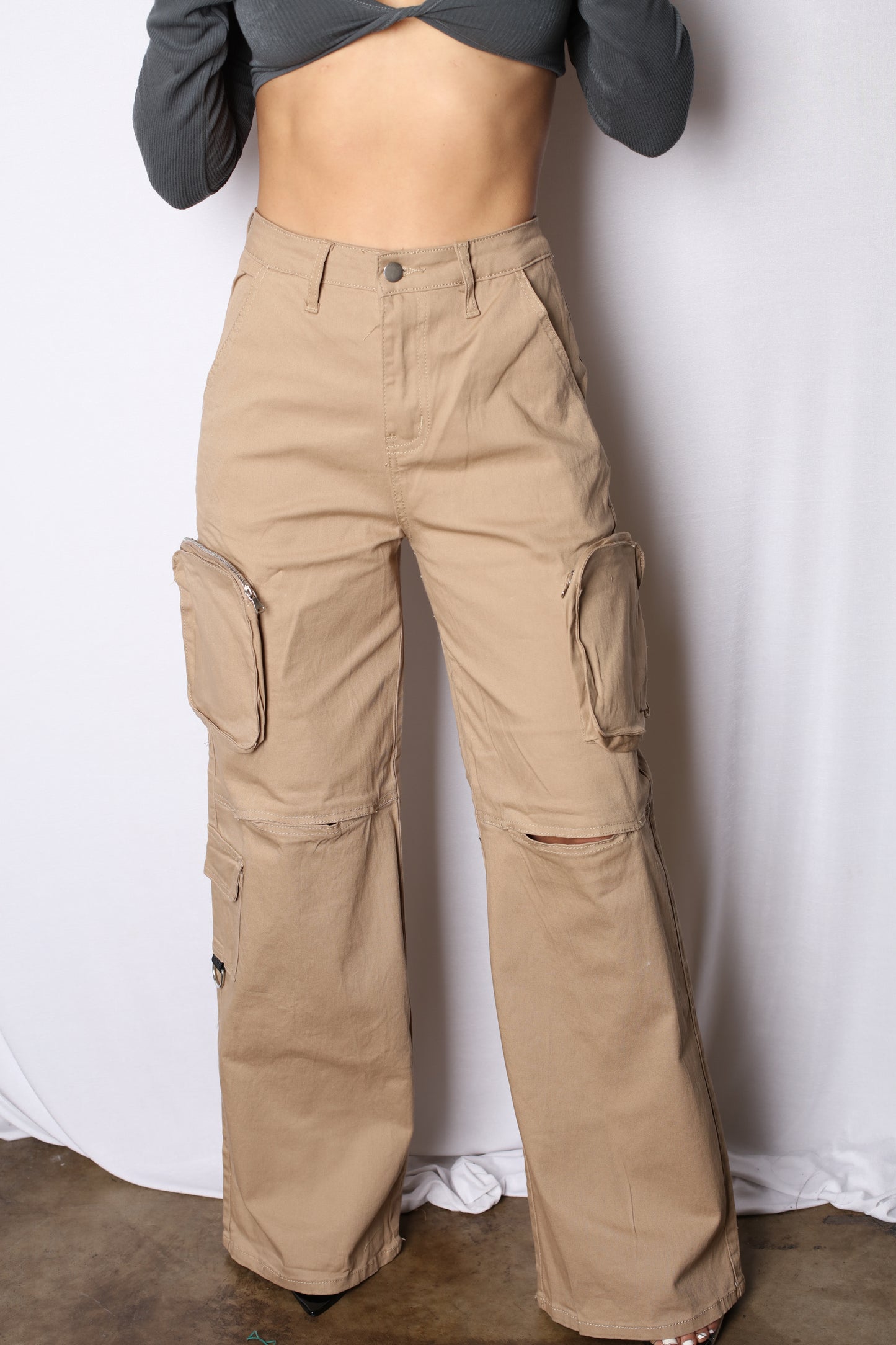 Pocketed Cargo Wide Leg Pants Khaki