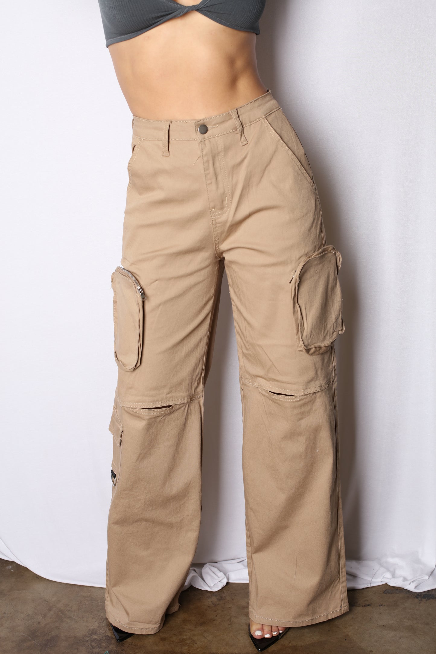 Pocketed Cargo Wide Leg Pants Khaki