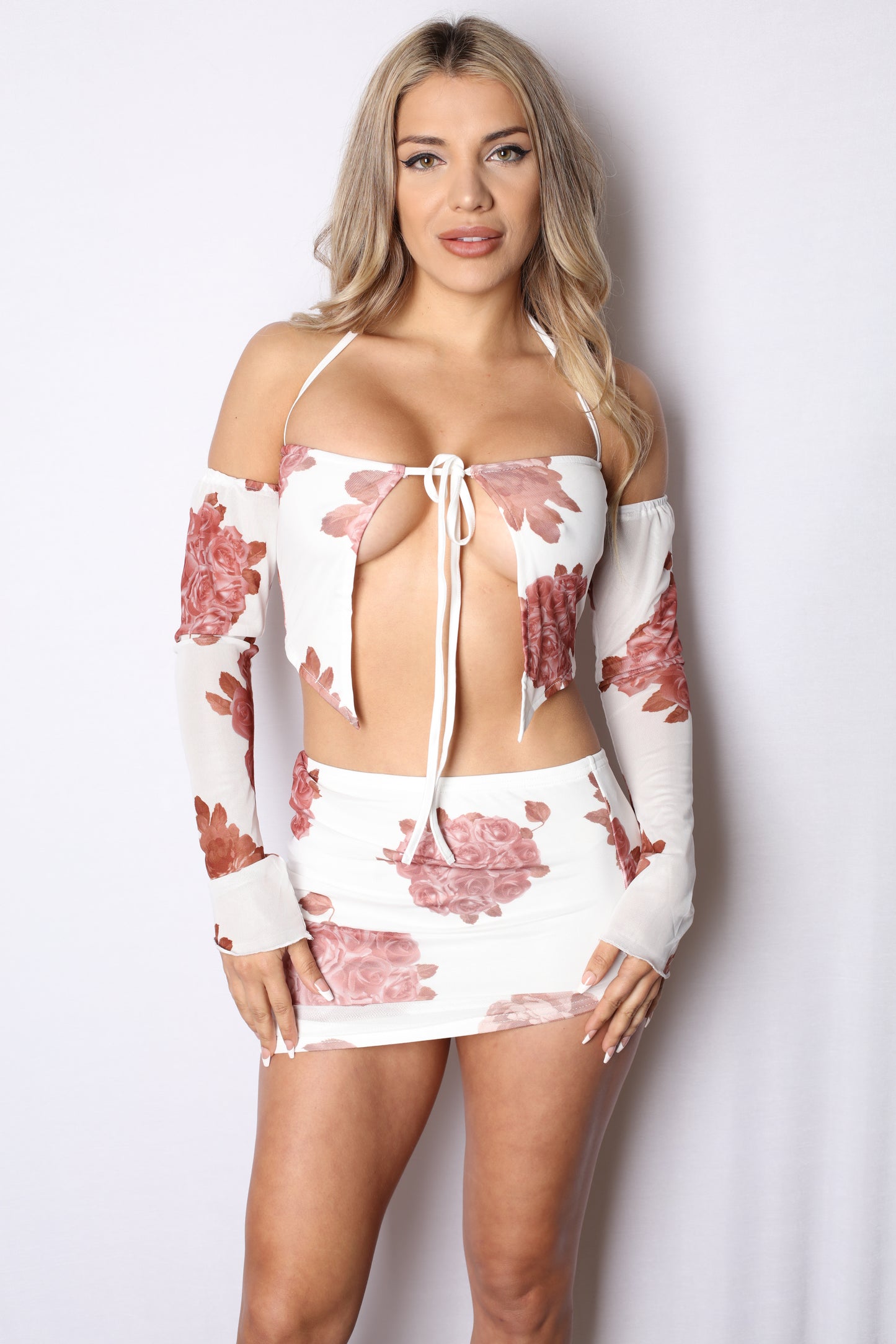 Brown/White Ruffle Floral Mini Skirt Set