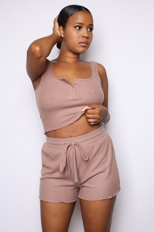 Soft Button Up Short Set Brown