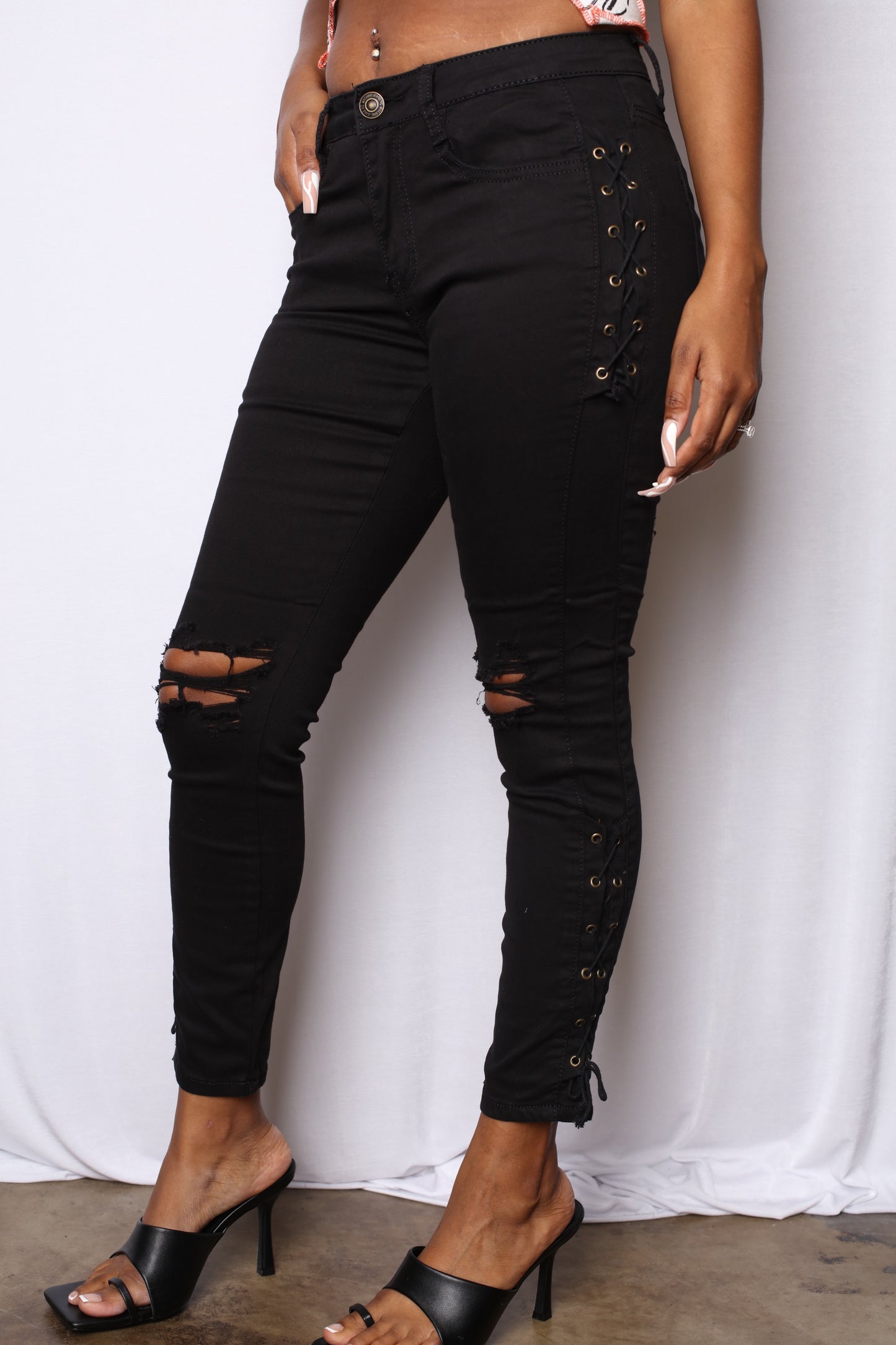 Laced Up Mid Rise Black Pants