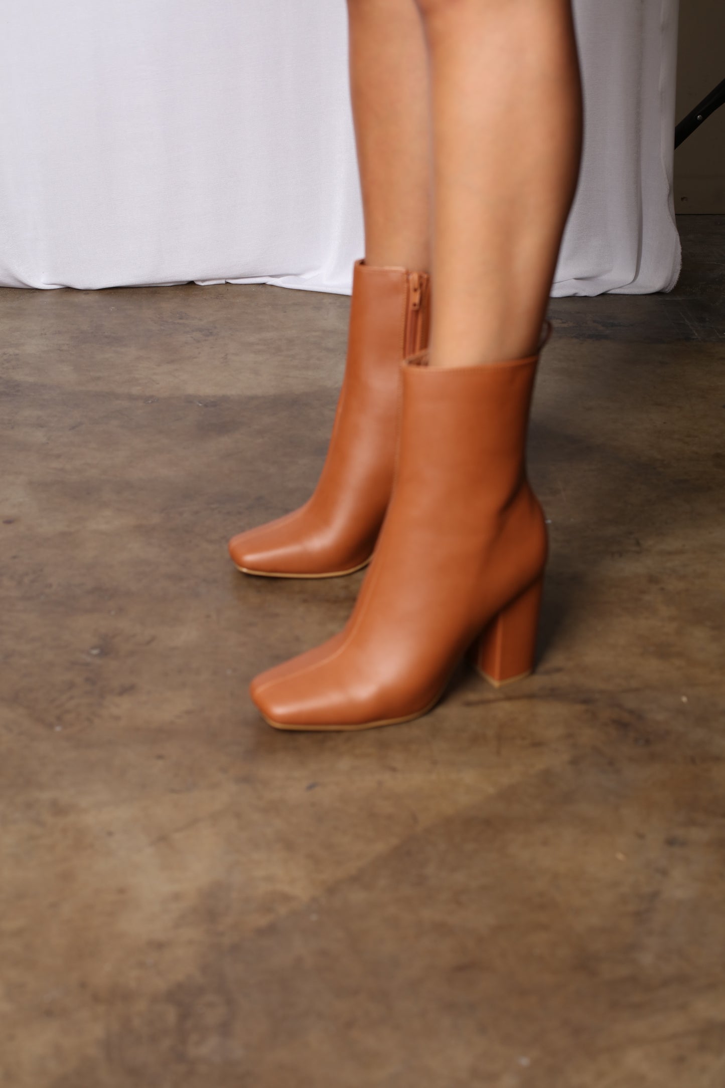 Tan Square Toe Chunk Heel Booties