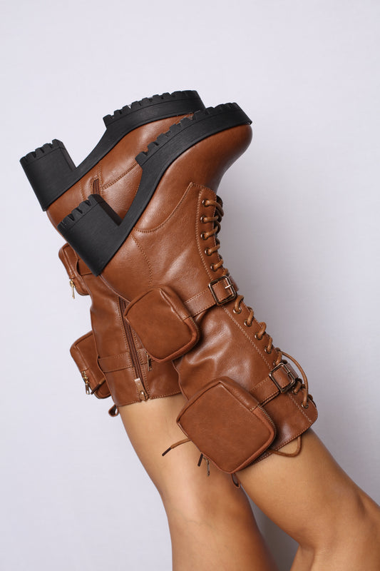 Pocket High Top Combat Boots Tan