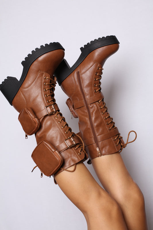 Pocket High Top Combat Boots Tan