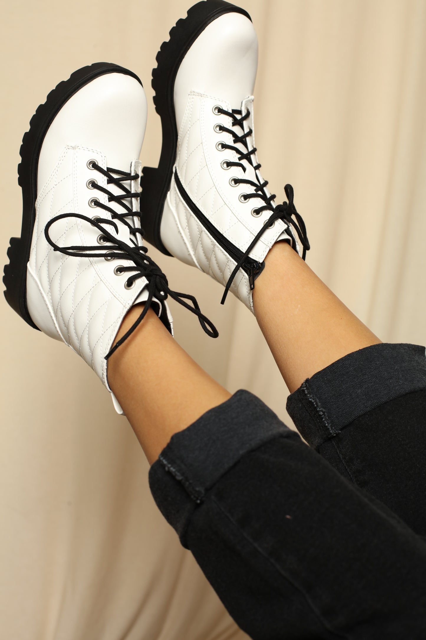 Quilted White Lug Sole Boots