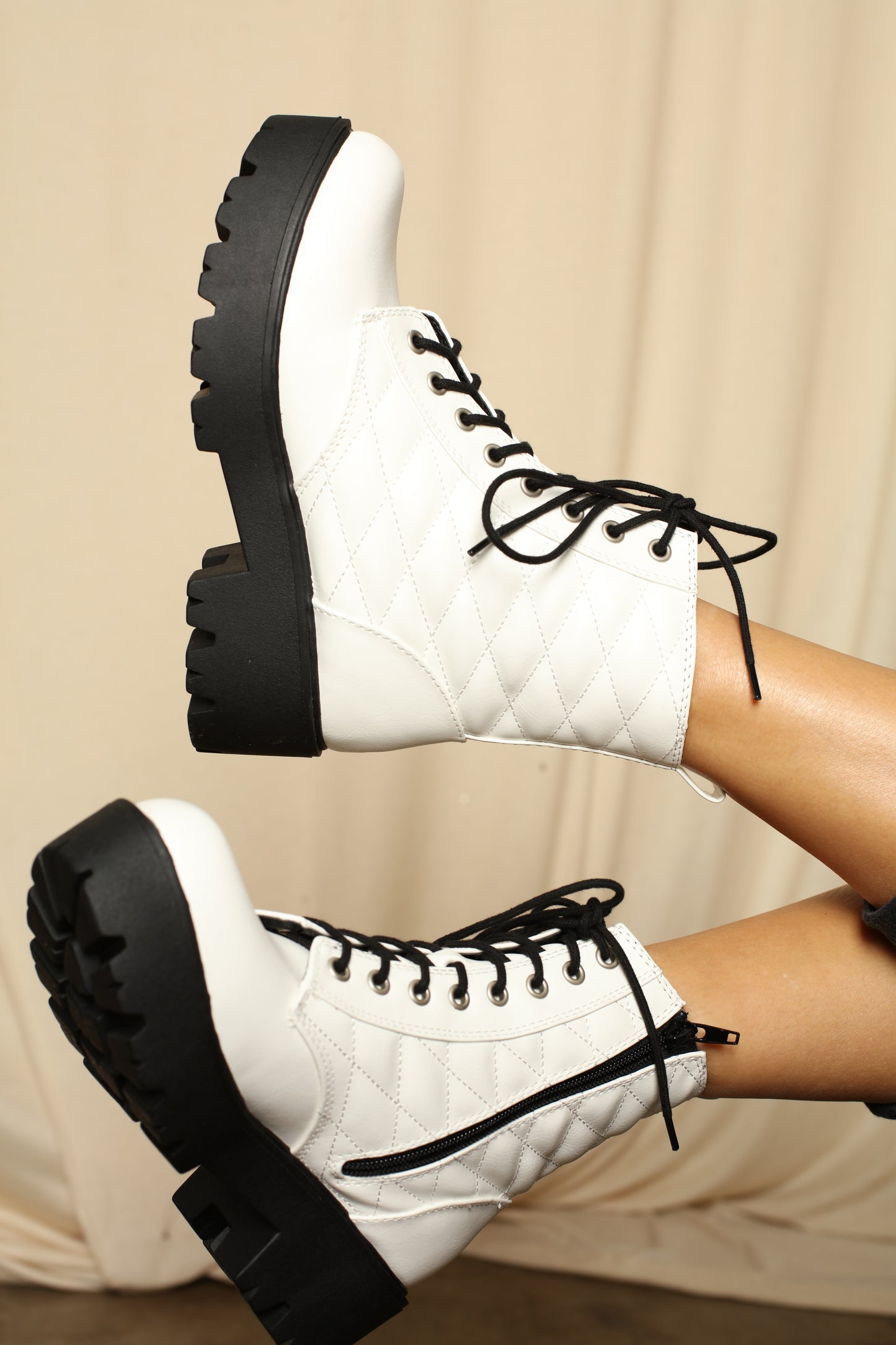 Quilted White Lug Sole Boots