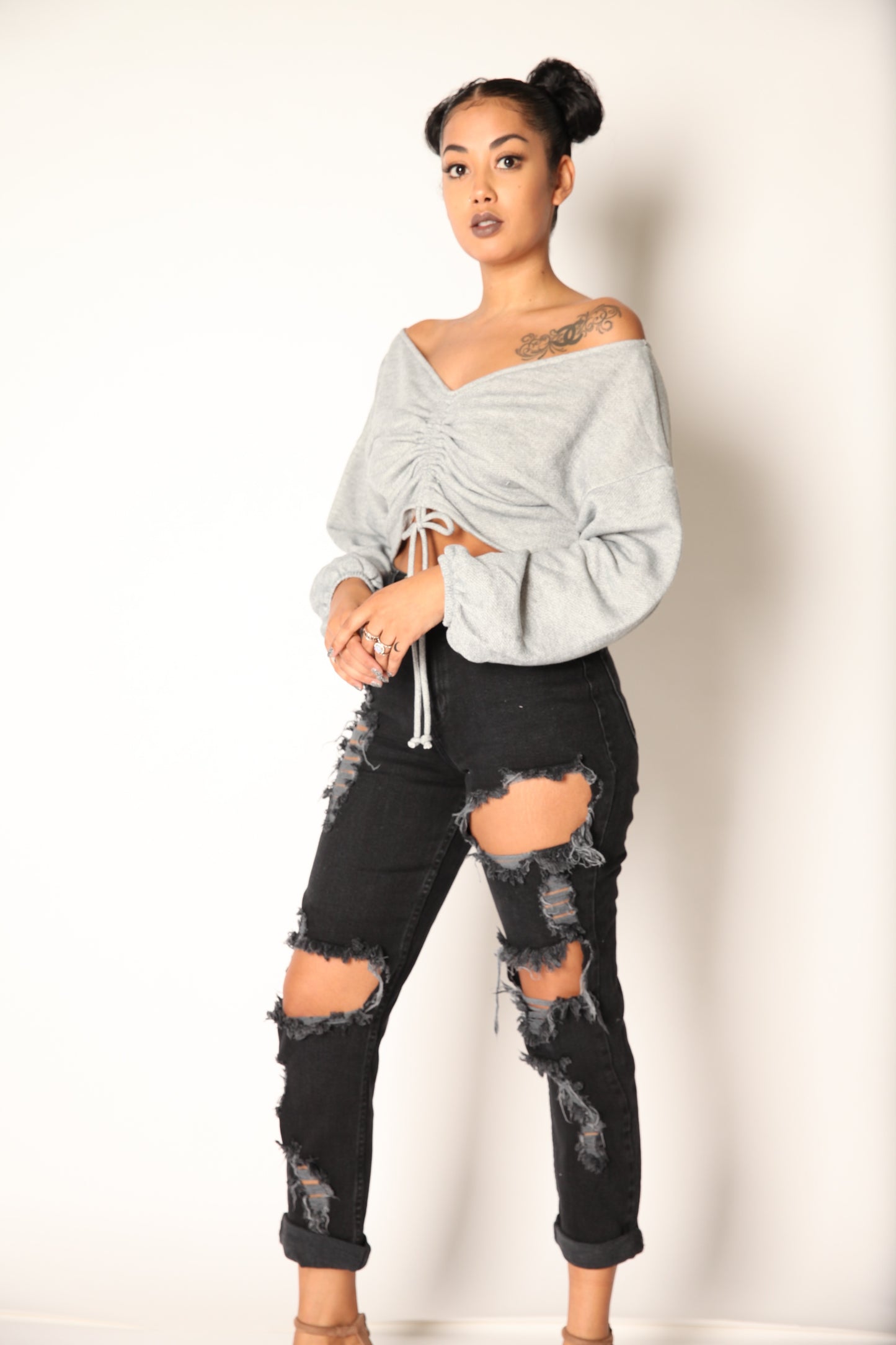 High Rise Stretch Shredded Boyfriend Jeans Black