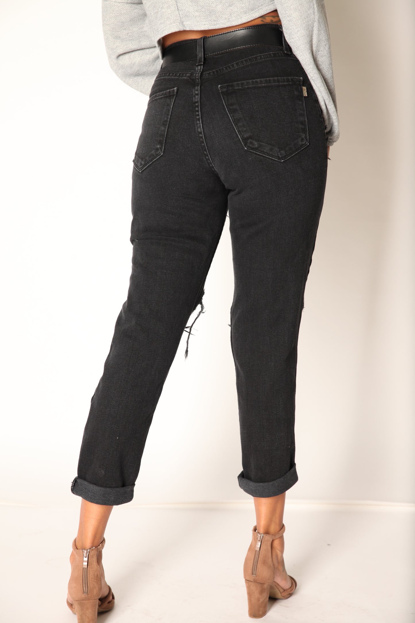 High Rise Stretch Shredded Boyfriend Jeans Black