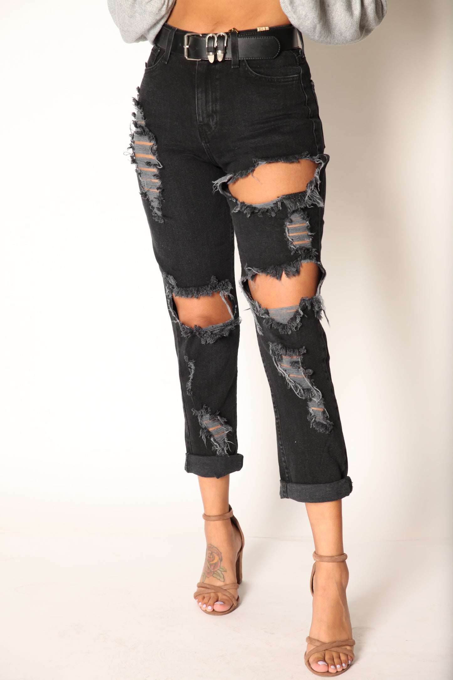 High Rise Stretch Shredded Boyfriend Jeans Black