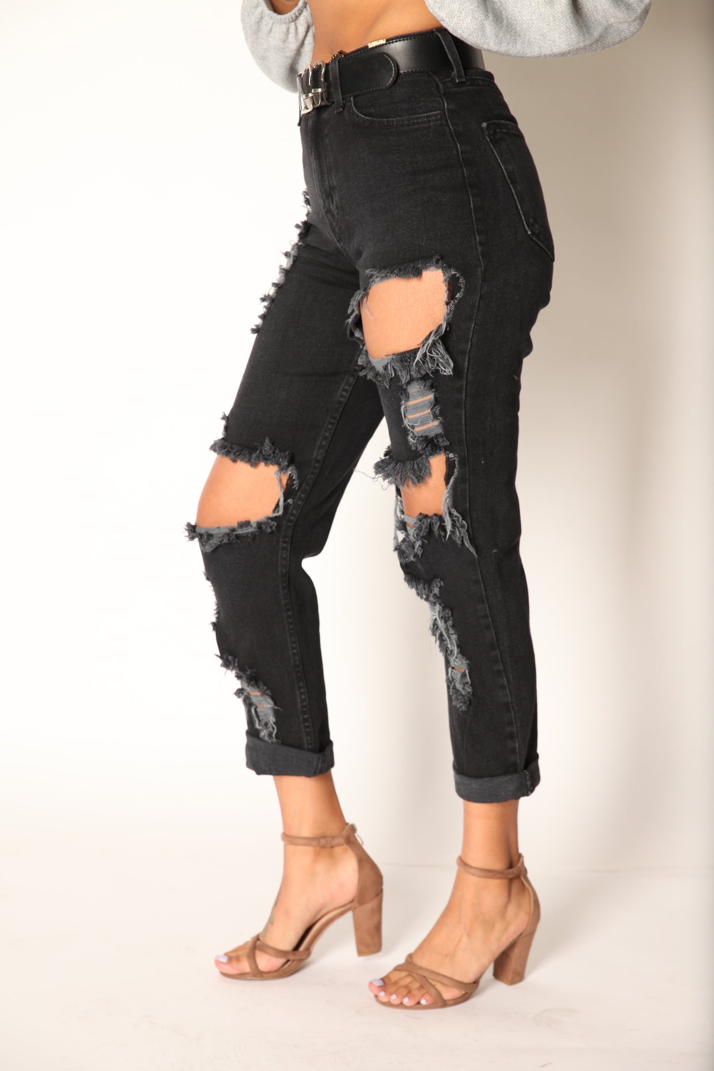 High Rise Stretch Shredded Boyfriend Jeans Black