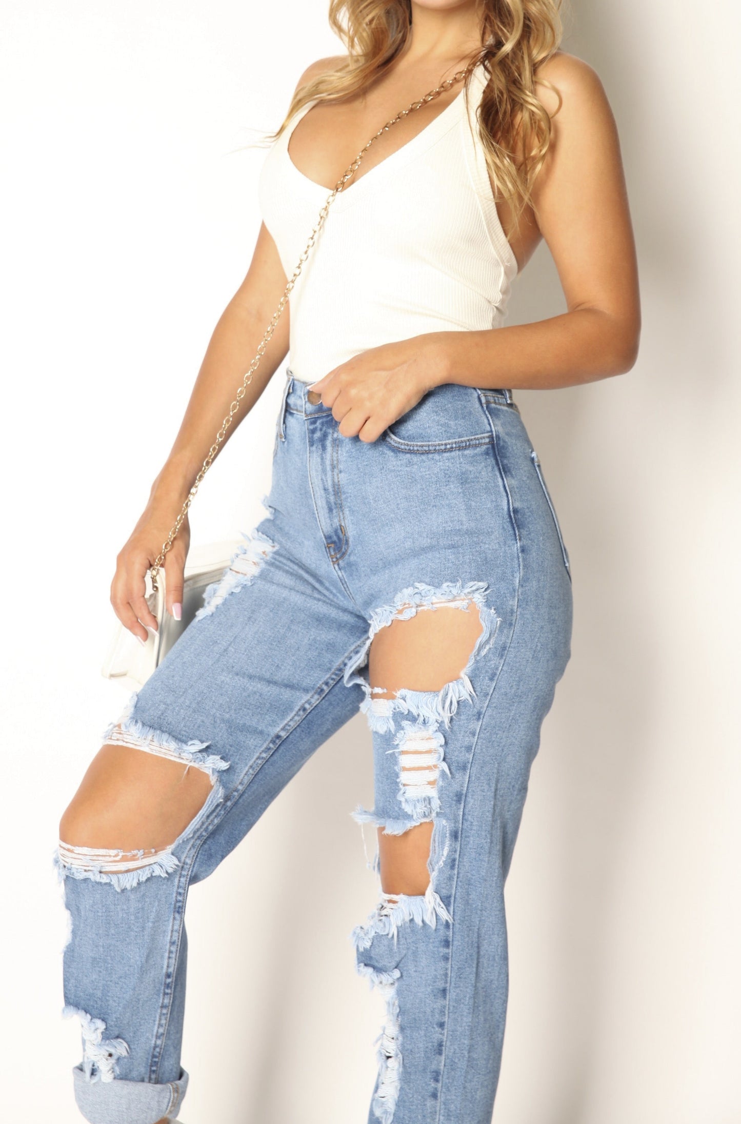 High Rise Stretch Shredded Boyfriend Jeans Blue