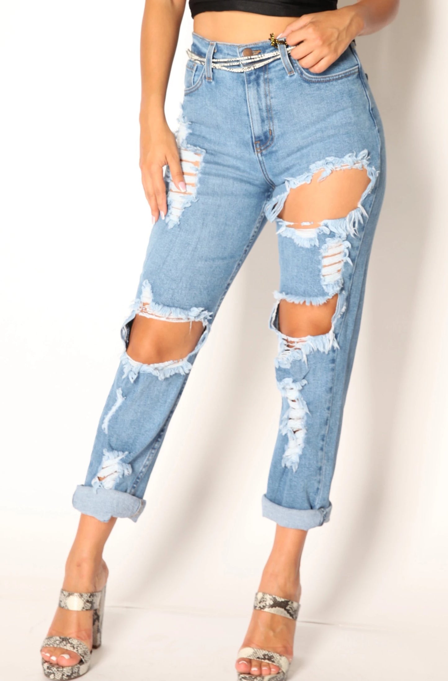 High Rise Stretch Shredded Boyfriend Jeans Blue