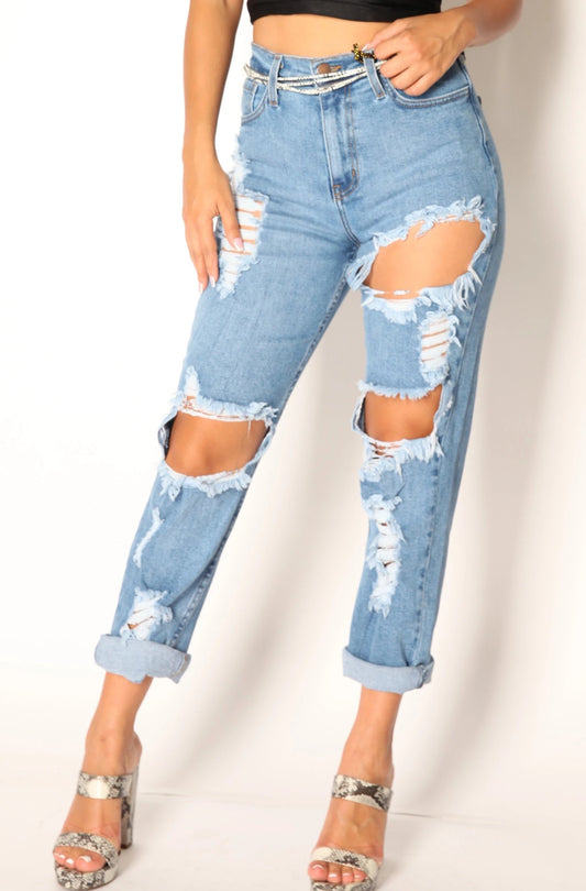 High Rise Stretch Shredded Boyfriend Jeans Blue