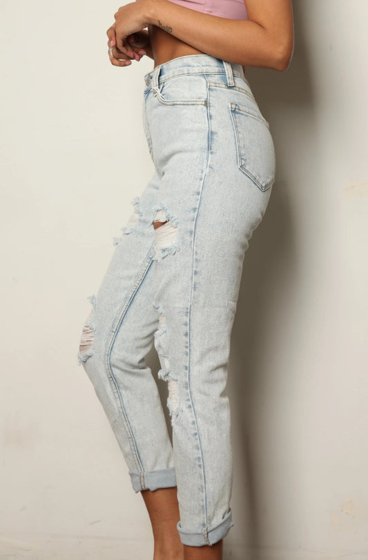 Ripped Light Acid Wash Mom Jeans