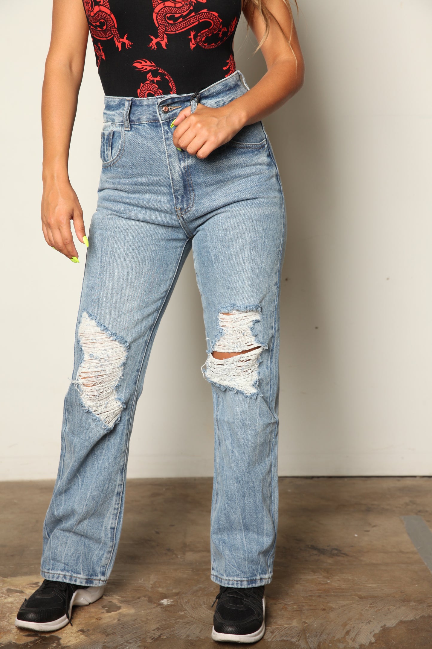 Washed High Rise Wide Leg Distressed Boyfriend Jeans