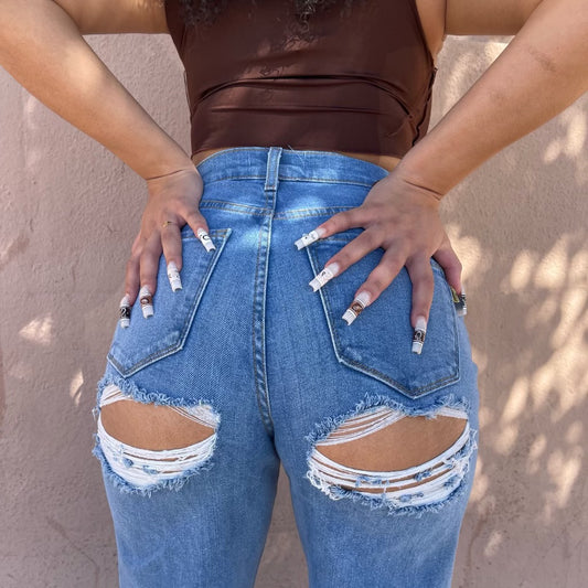 Wide Leg Hi Rise Butt Slit Boyfriend Jeans