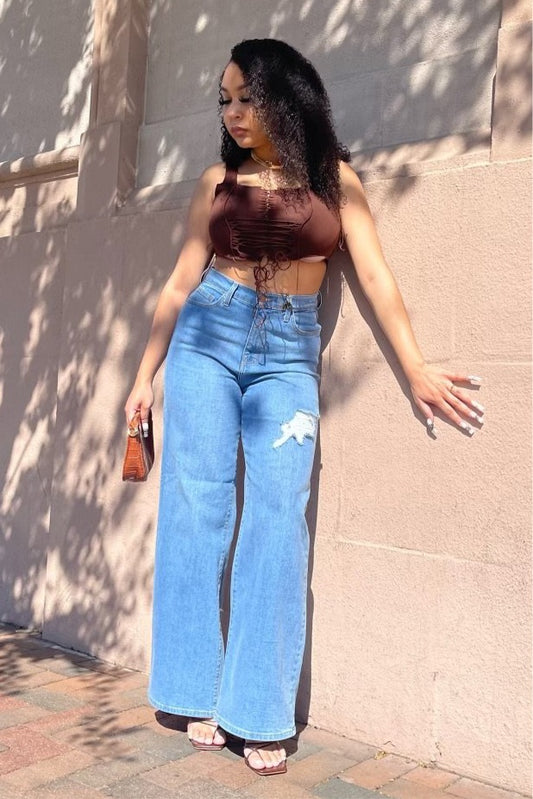 Wide Leg Hi Rise Butt Slit Boyfriend Jeans