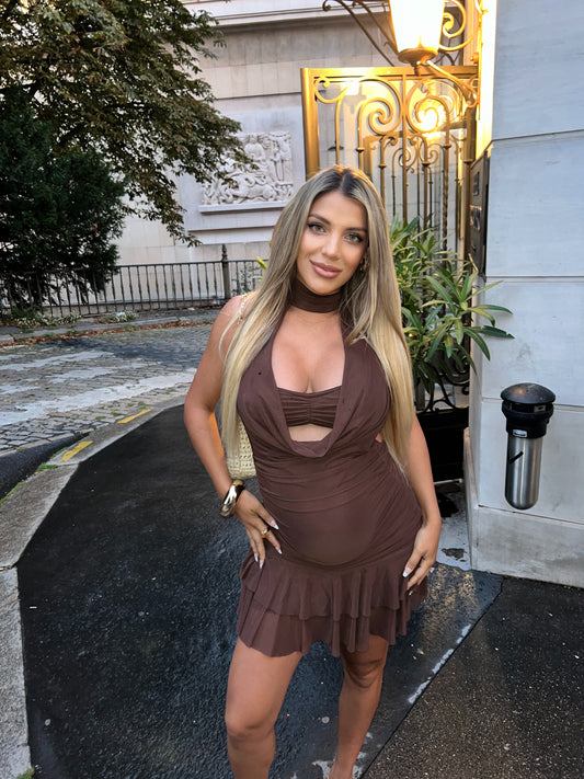 Brown Collar Cowl Neck Dress