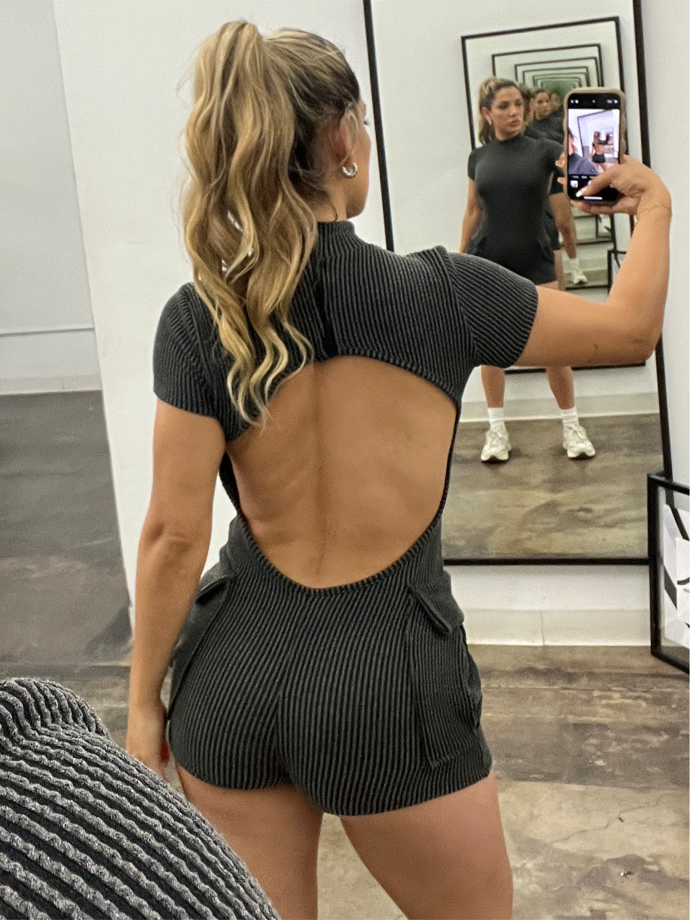 Stretchy Ribbed Open Back Romper