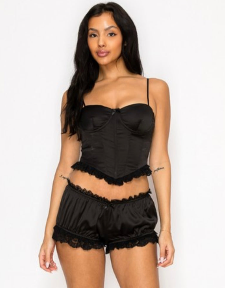 Satin/Lace Corset + Shorts Set