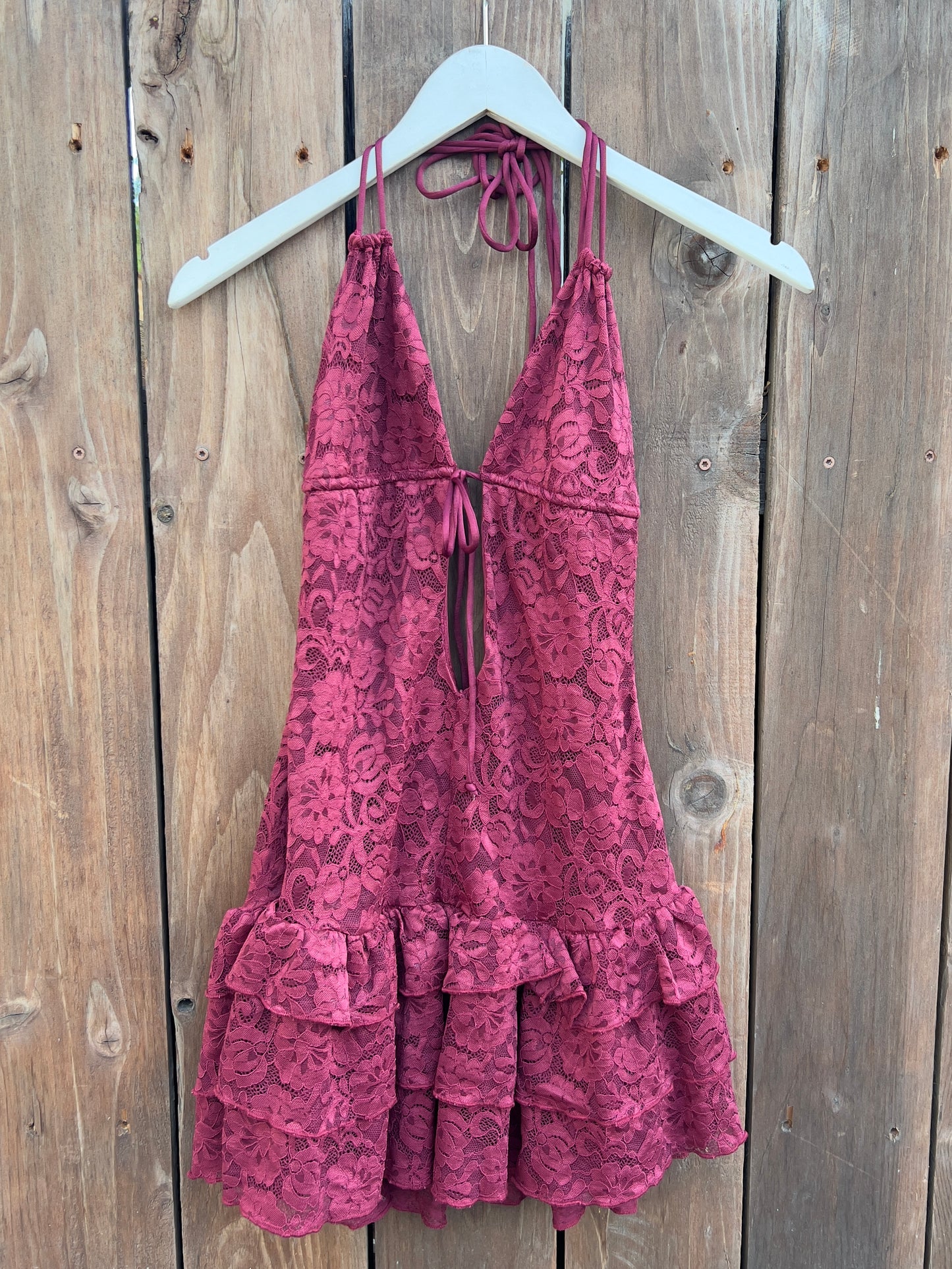 Burgundy Lace Pleated Dress