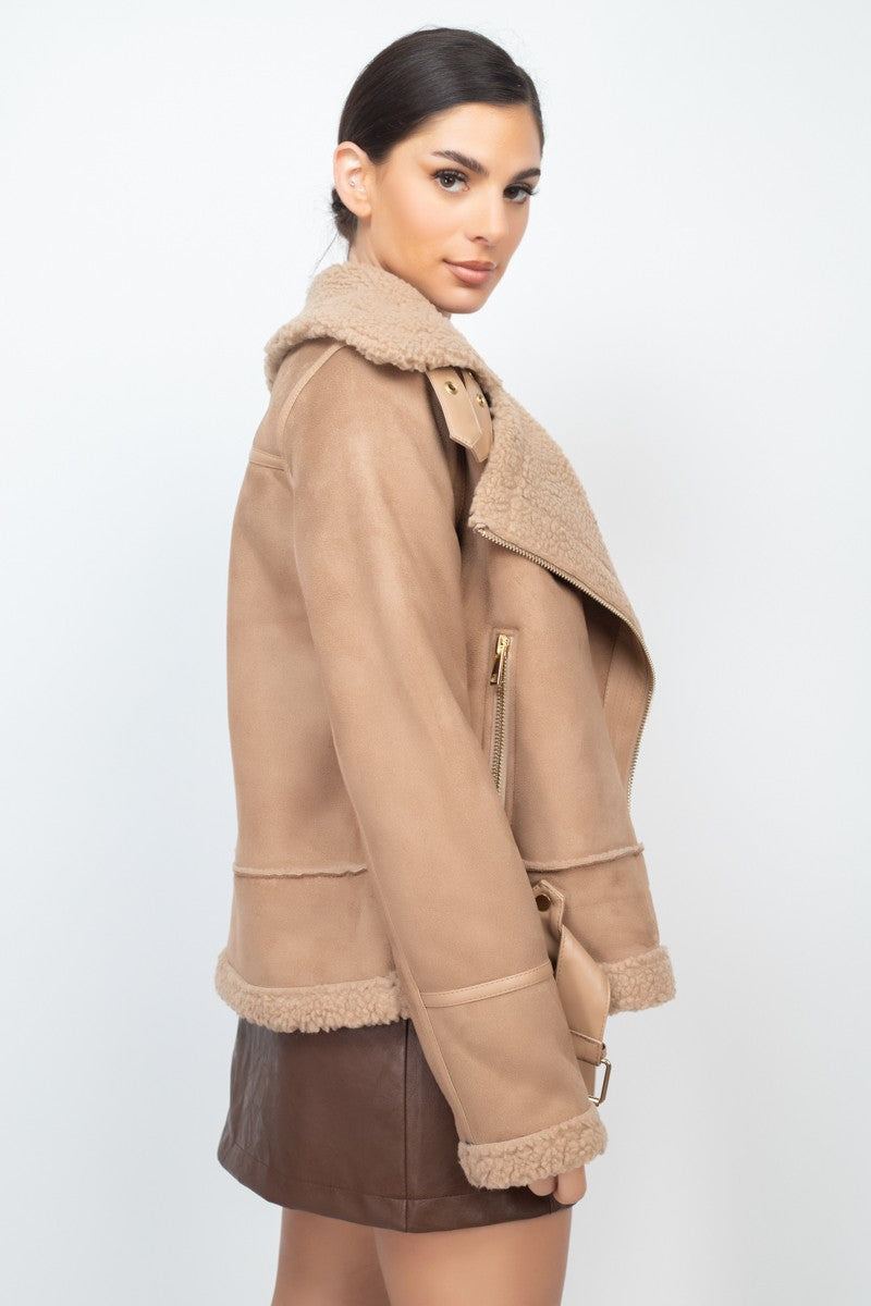 Sherpa Lined Nude Moto Jacket