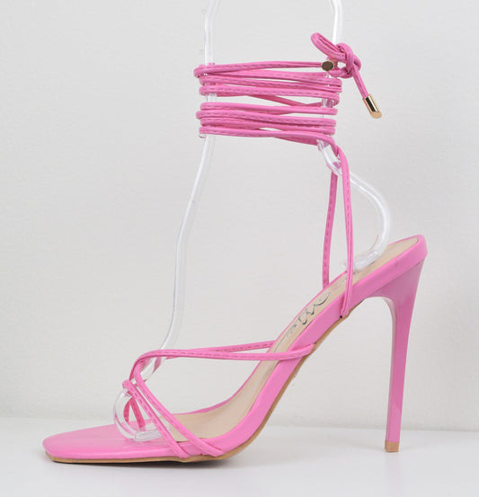 Barb Pink Strappy Lace Up Heel