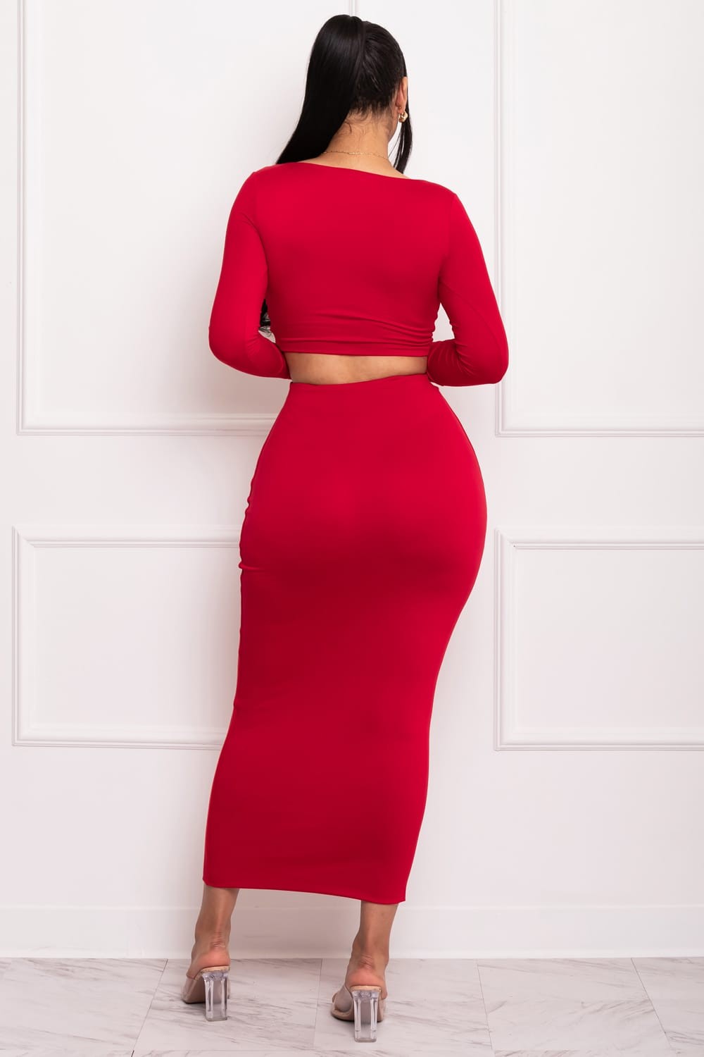 Red Long Sleeve Midi Skirt Set