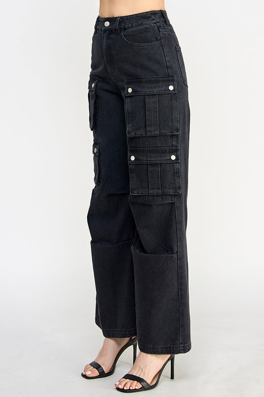 Black Denim Pocketed Wide Leg Cargo Pants