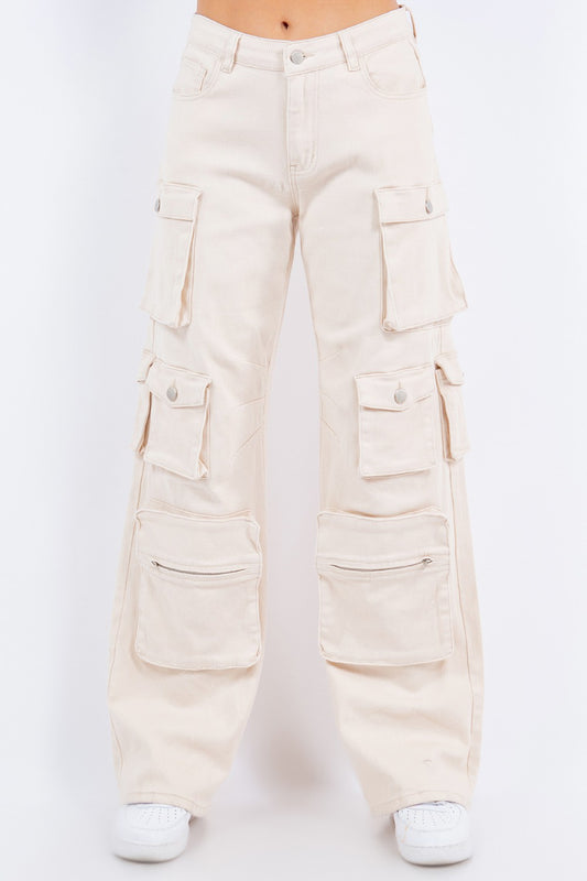 Cream Pocketed Stretch Cargo Pants