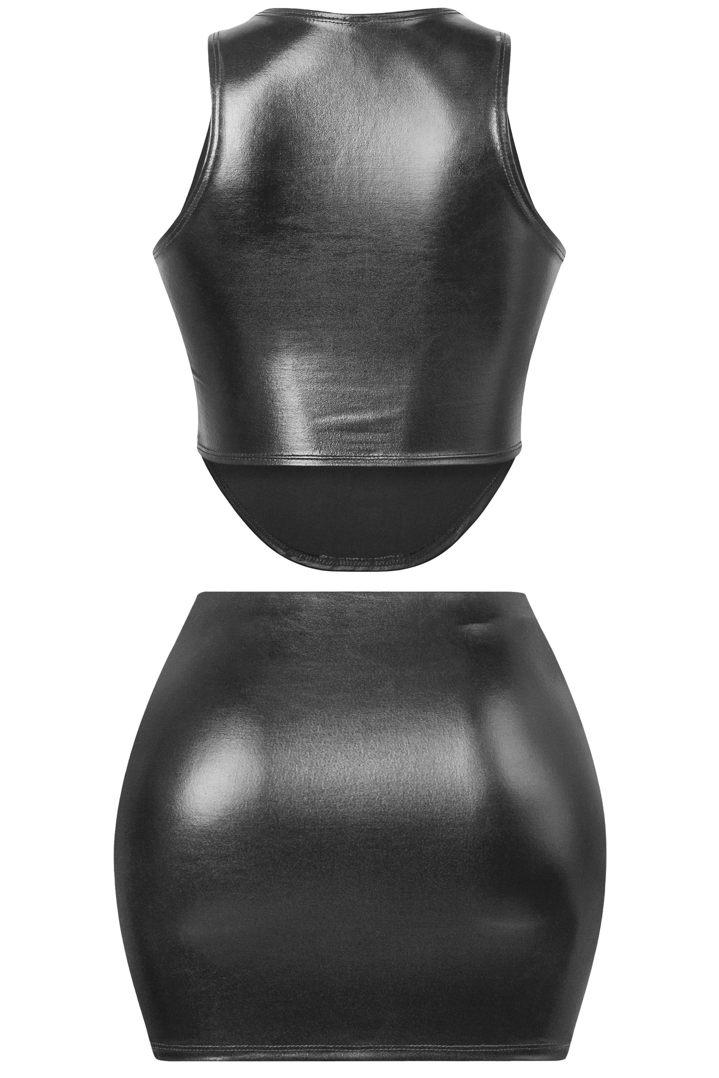Leather Racer Top + Skirt Set Black