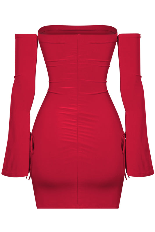 Red OTS Long Sleeve Slit Dress