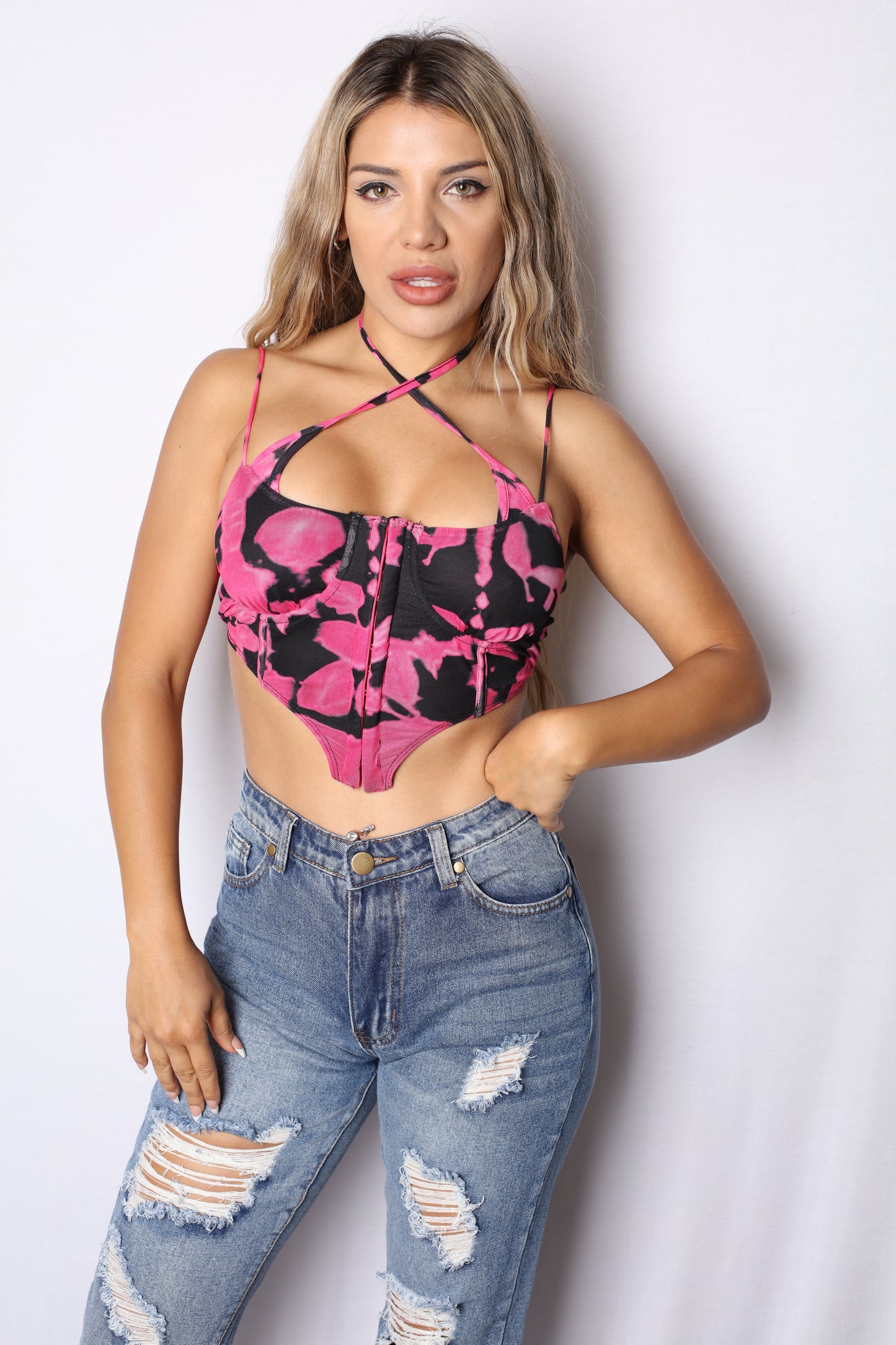 Pink/Black Printed Clipped Corset Top