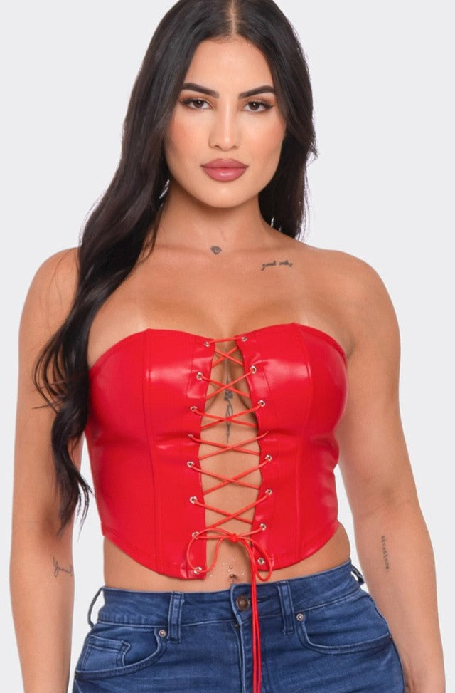 Leather Laced Up Tube Corset Red