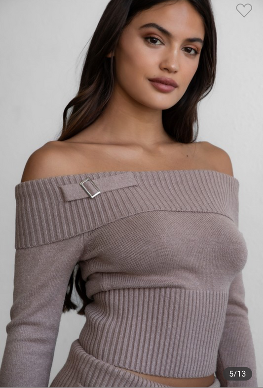 OTS Belted Sweater Top + Pleated Skirt Set Mocha