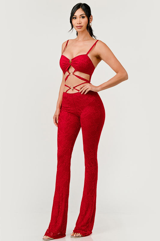 Red Cutout Lace Jumpsuit
