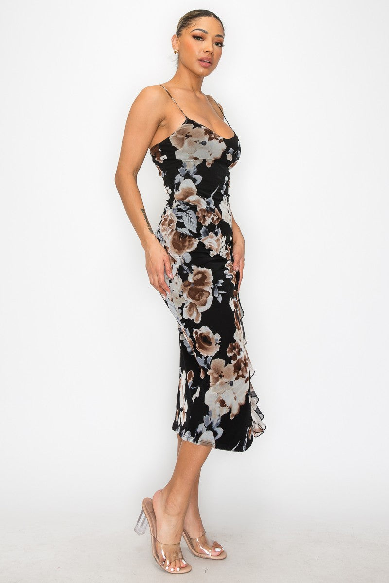 Floral Black Ruffle Slit Midi Dress