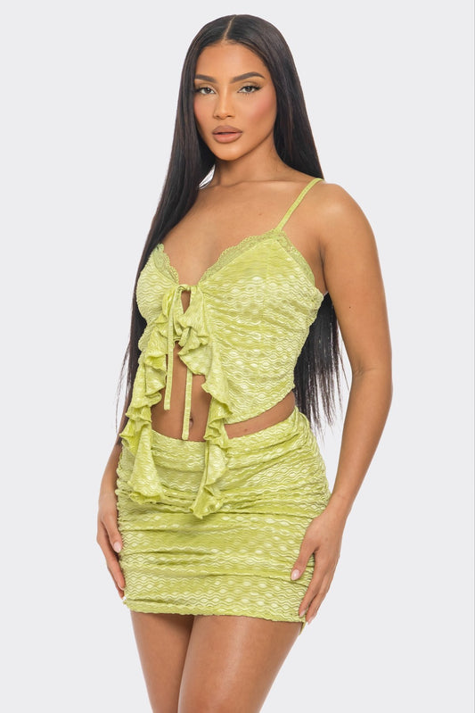 Pistachio Green Top + Flutter Skirt Set
