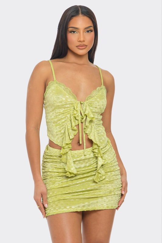 Pistachio Green Top + Flutter Skirt Set