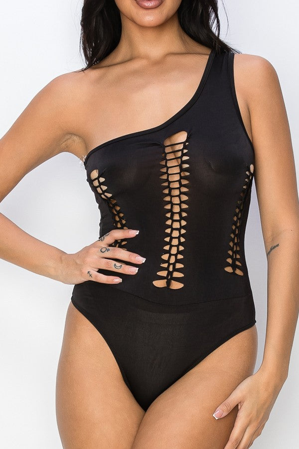 Unishoulder Braided Bodysuit Black