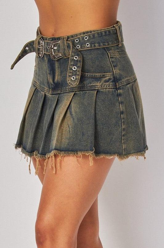 Western Belted Pleated Mini Skirt