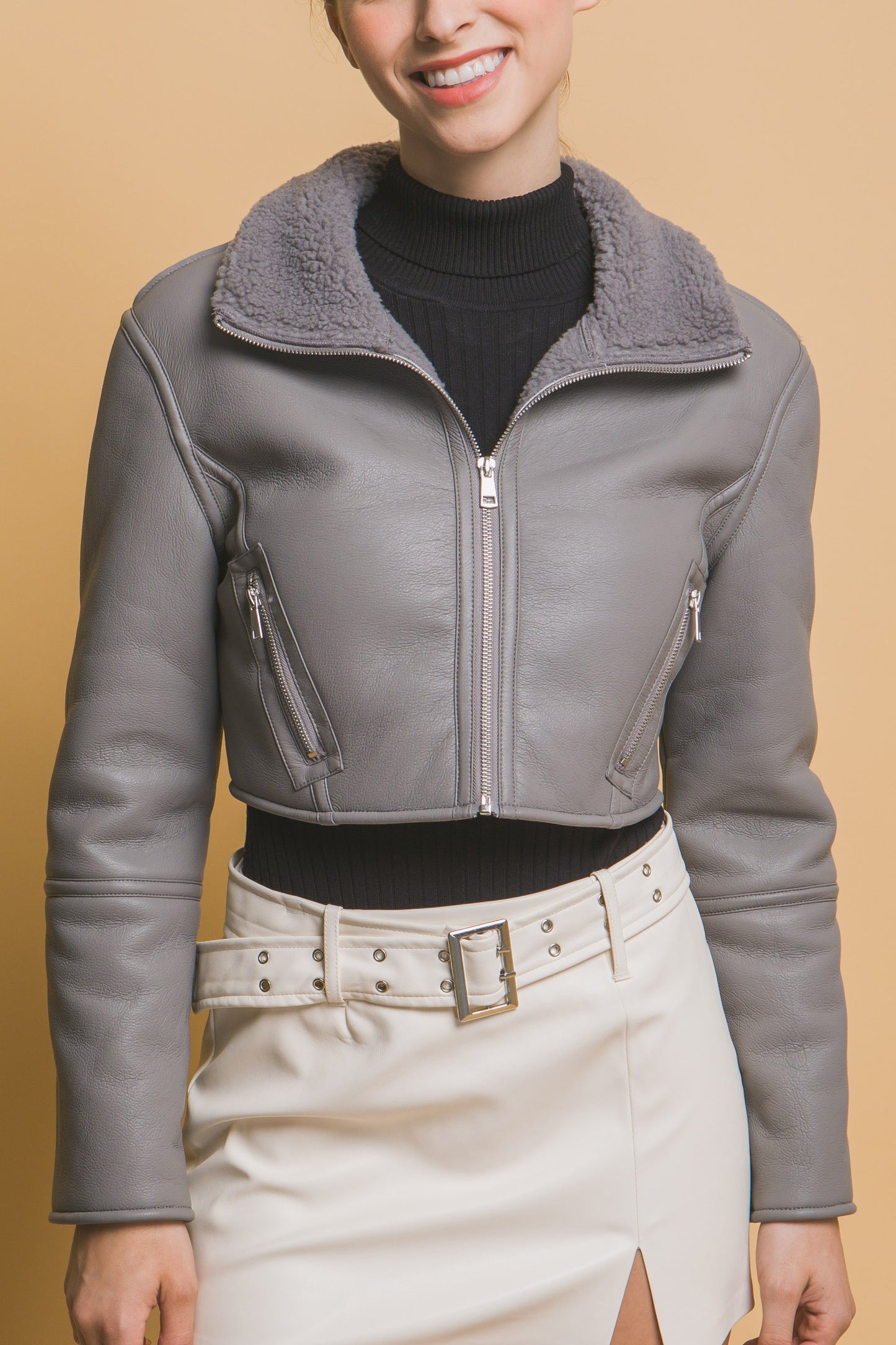 Gray Sherpa Contrast Cropped Jacket