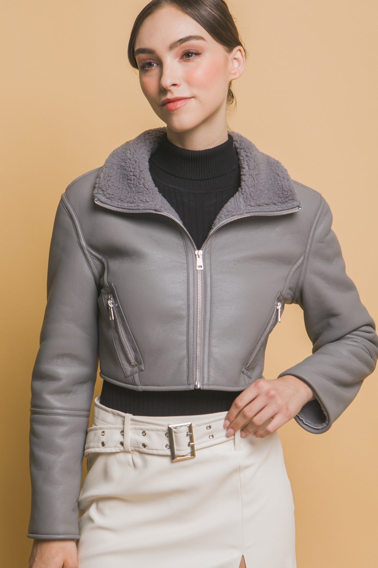 Gray Sherpa Contrast Cropped Jacket