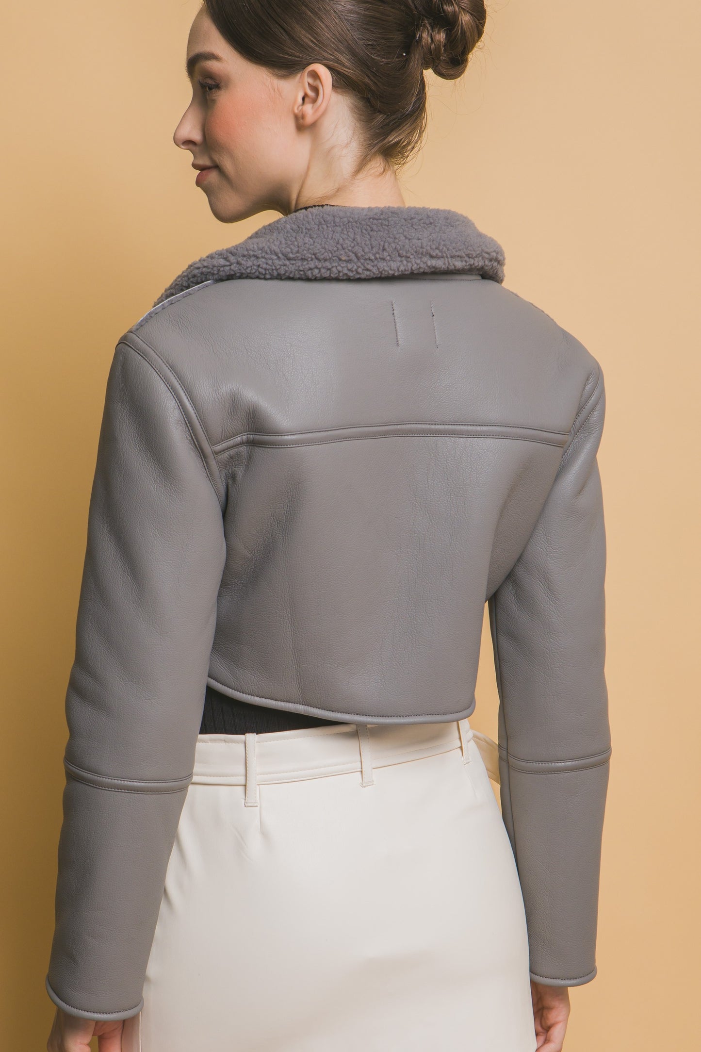 Gray Sherpa Contrast Cropped Jacket