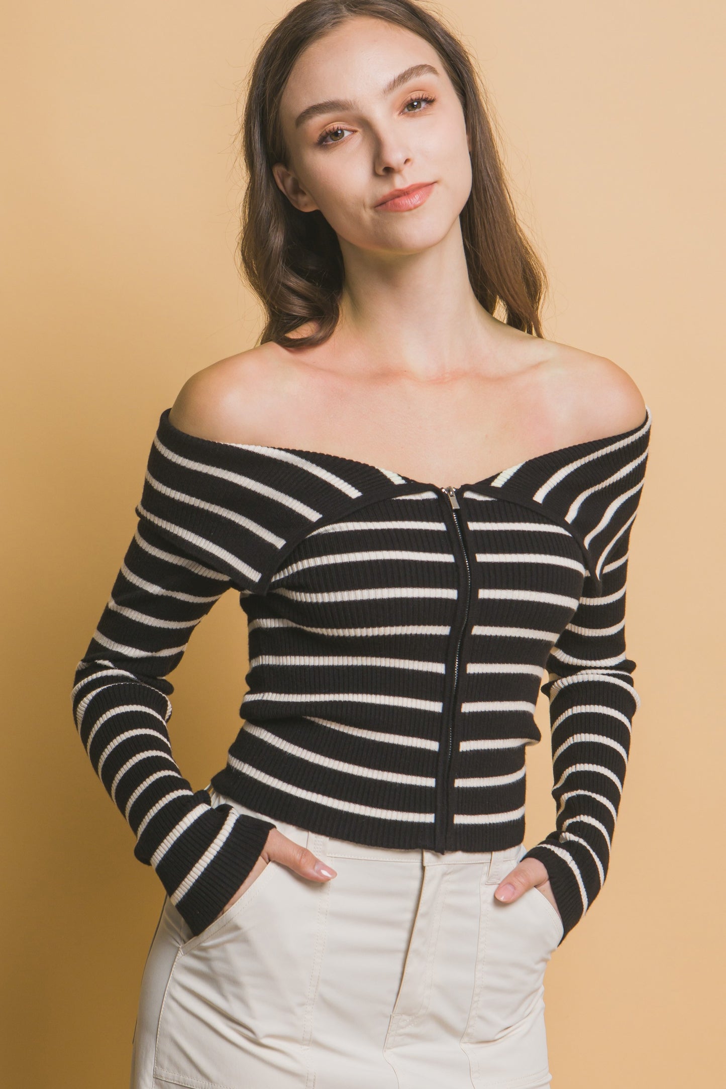 Striped Knit OTS Sweater Black