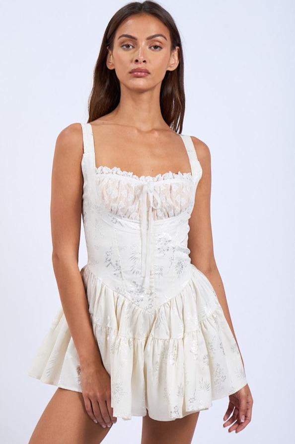 White Jacquard  Lace Pleated Corset Dress