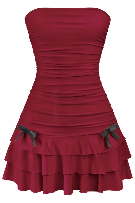 Burgundy Bow Pleated Dress